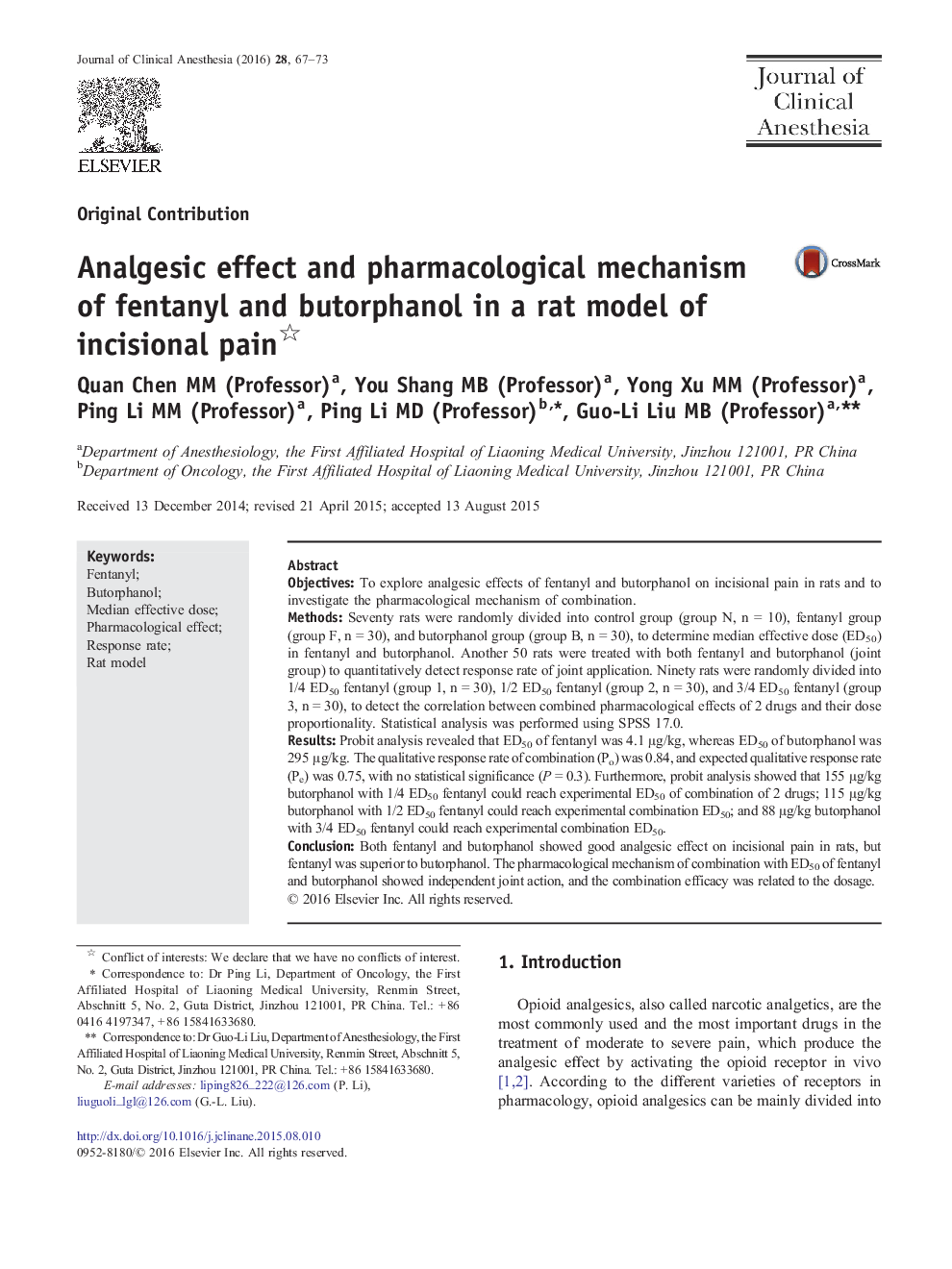 Analgesic effect and pharmacological mechanism of fentanyl and butorphanol in a rat model of incisional pain 