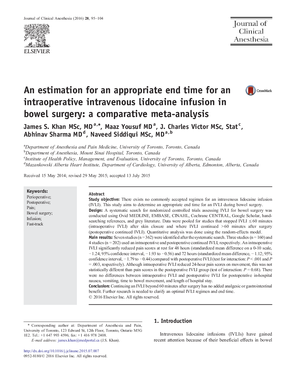 An estimation for an appropriate end time for an intraoperative intravenous lidocaine infusion in bowel surgery: a comparative meta-analysis