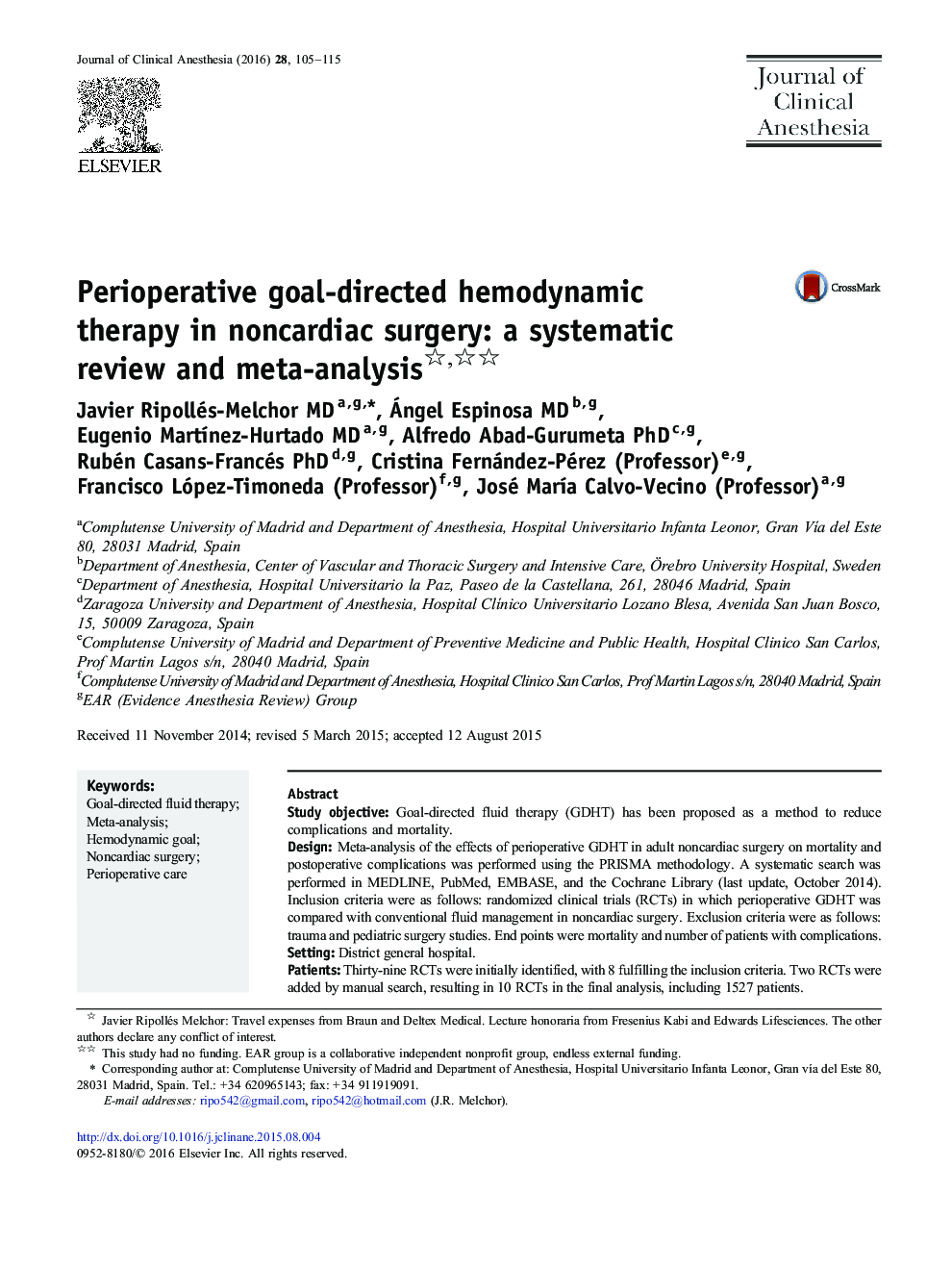Perioperative goal-directed hemodynamic therapy in noncardiac surgery: a systematic review and meta-analysis 