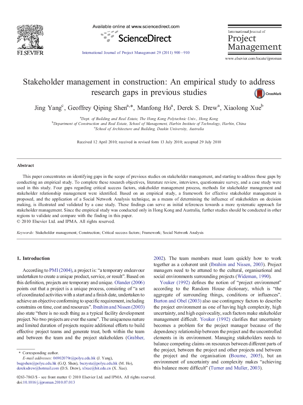 Stakeholder management in construction: An empirical study to address research gaps in previous studies