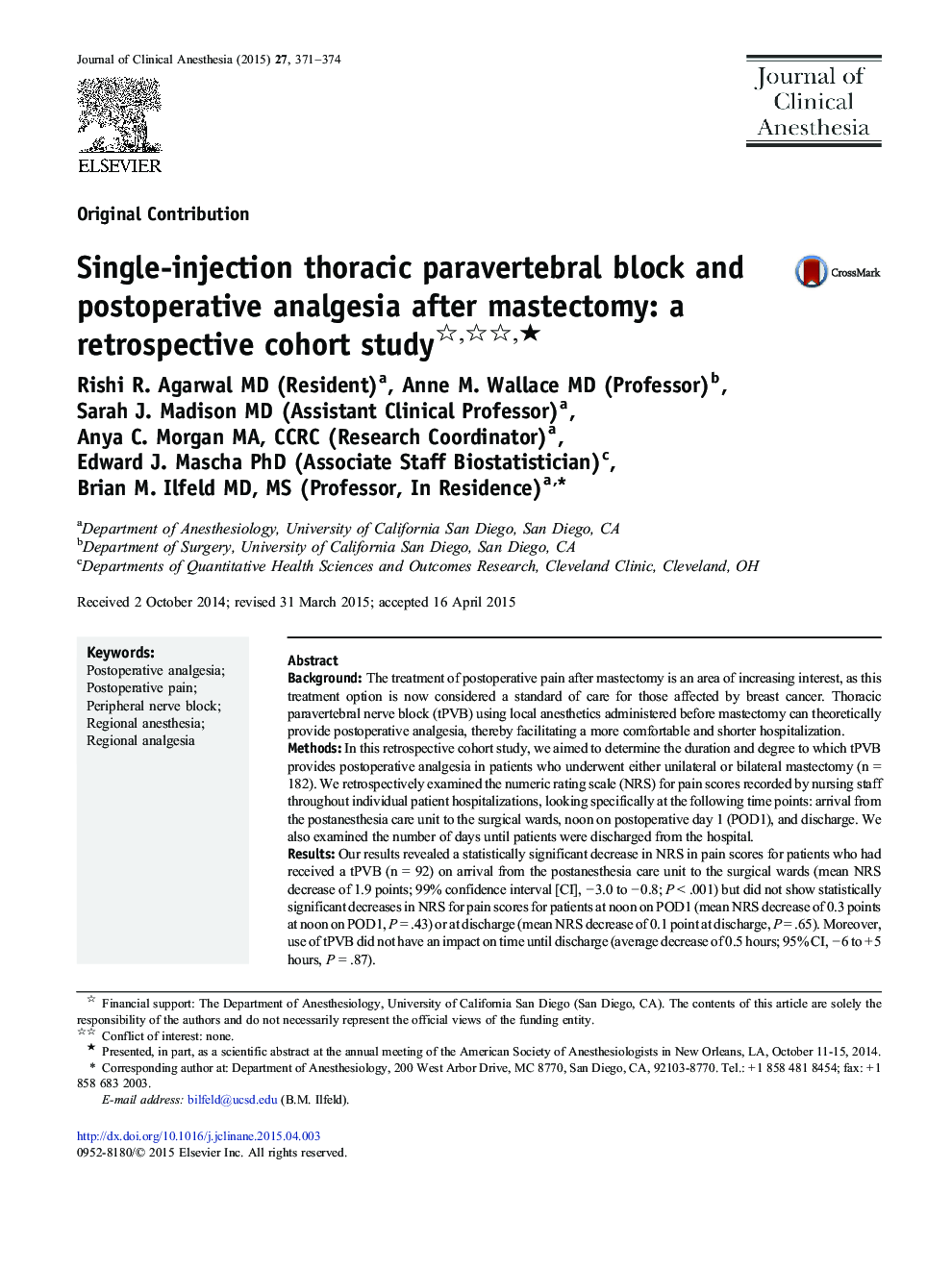 Single-injection thoracic paravertebral block and postoperative analgesia after mastectomy: a retrospective cohort study ★