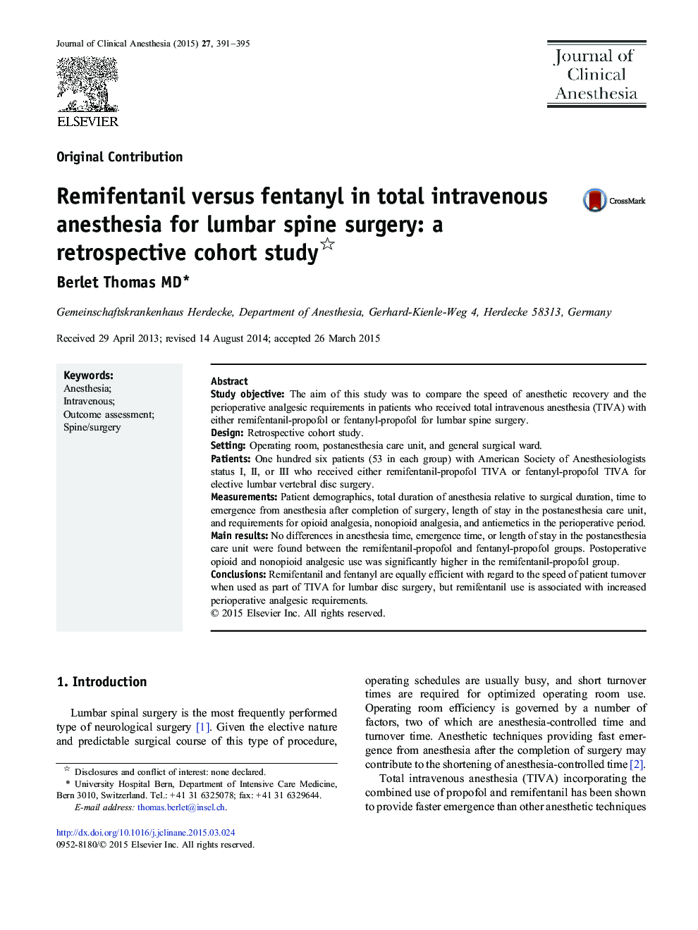 Remifentanil versus fentanyl in total intravenous anesthesia for lumbar spine surgery: a retrospective cohort study 