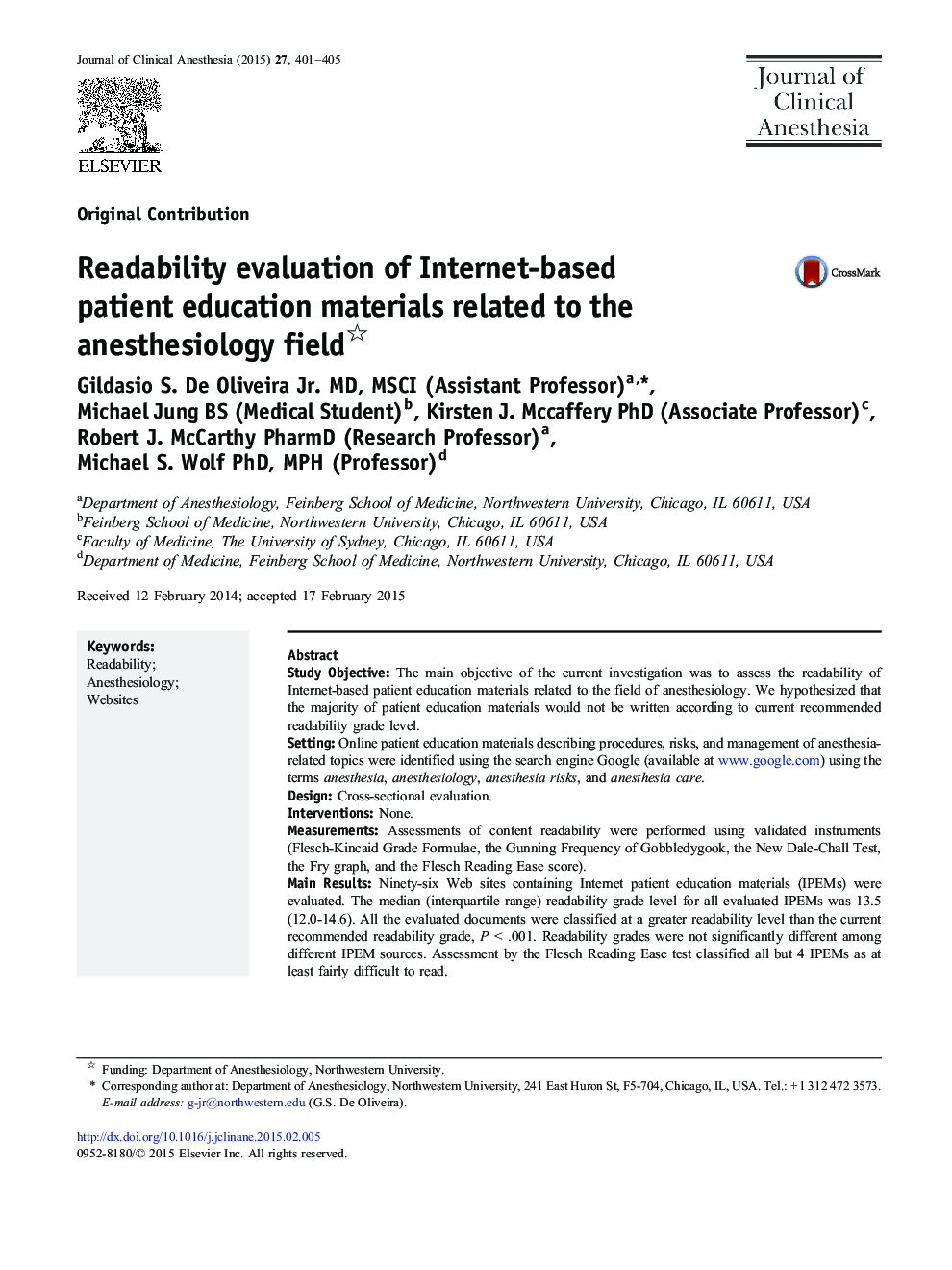 Readability evaluation of Internet-based patient education materials related to the anesthesiology field 