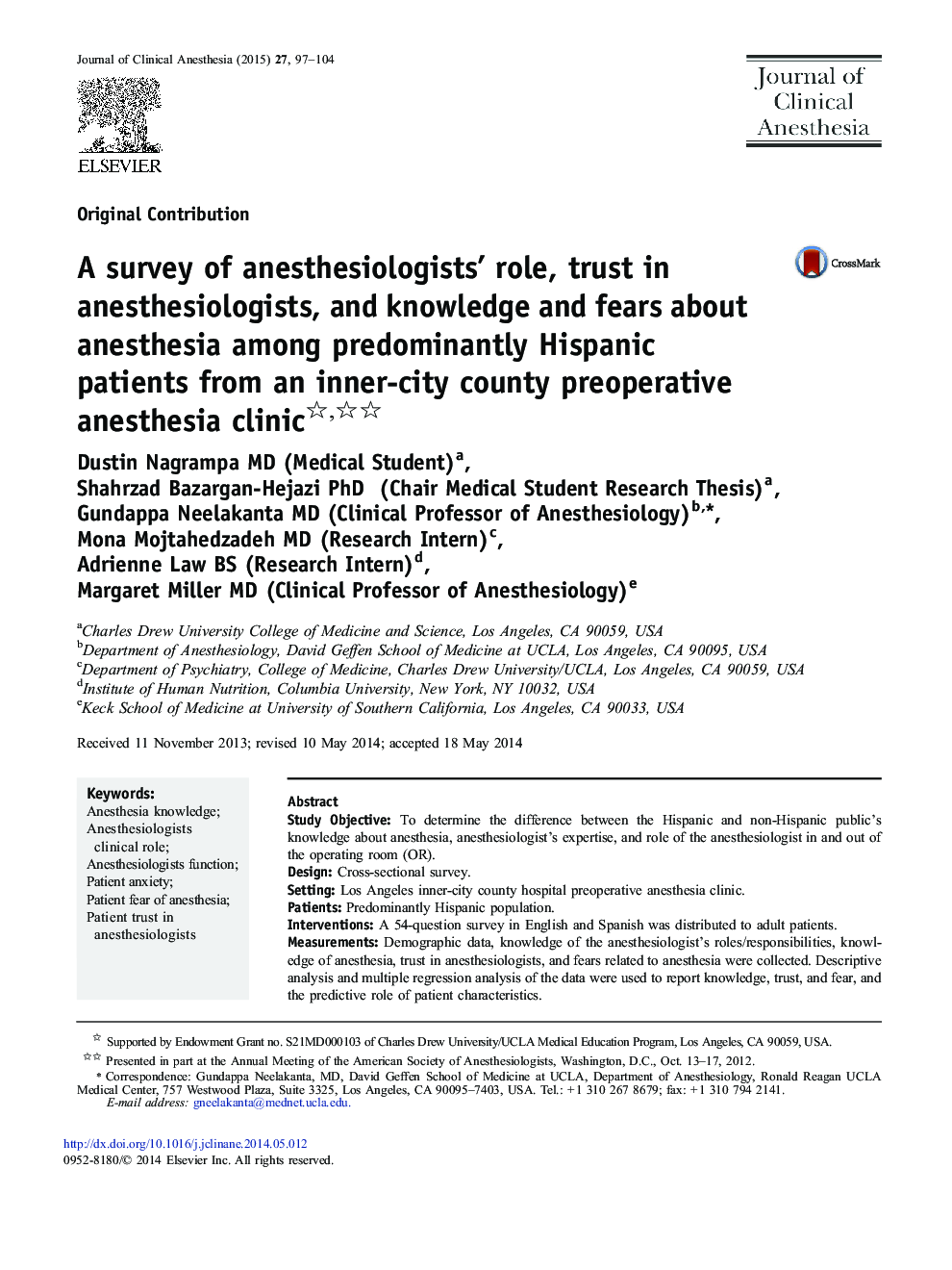A survey of anesthesiologists’ role, trust in anesthesiologists, and knowledge and fears about anesthesia among predominantly Hispanic patients from an inner-city county preoperative anesthesia clinic 