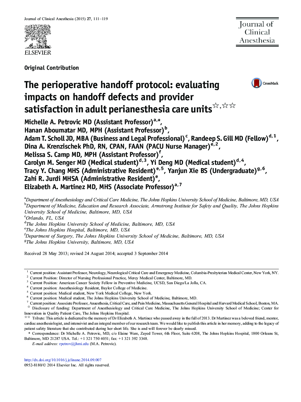 The perioperative handoff protocol: evaluating impacts on handoff defects and provider satisfaction in adult perianesthesia care units 
