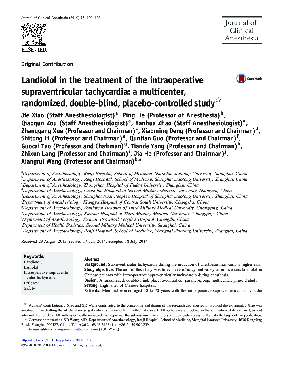 Landiolol in the treatment of the intraoperative supraventricular tachycardia: a multicenter, randomized, double-blind, placebo-controlled study 