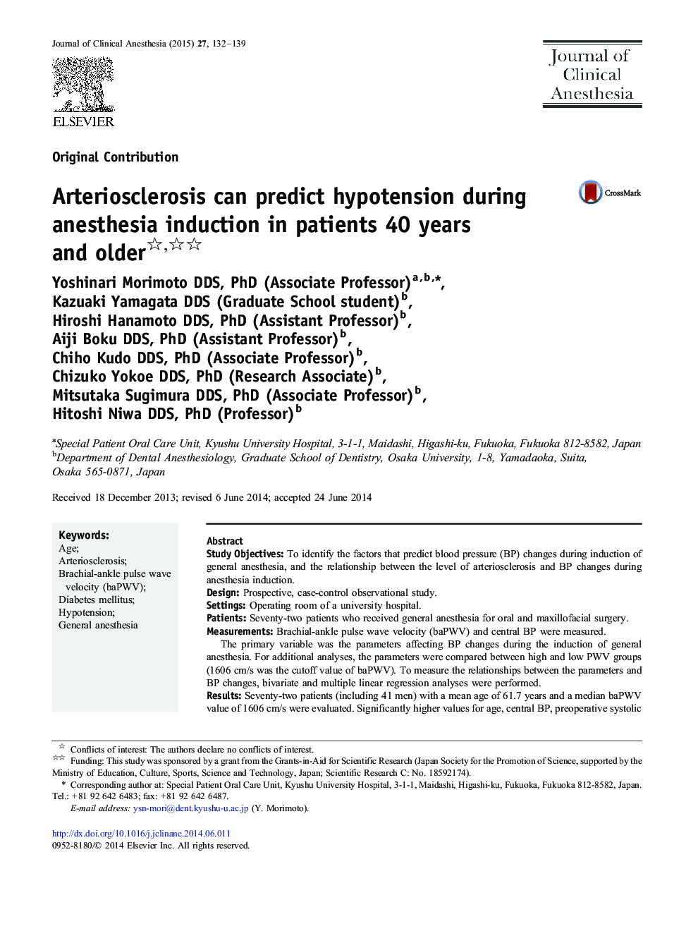 Arteriosclerosis can predict hypotension during anesthesia induction in patients 40 years and older 
