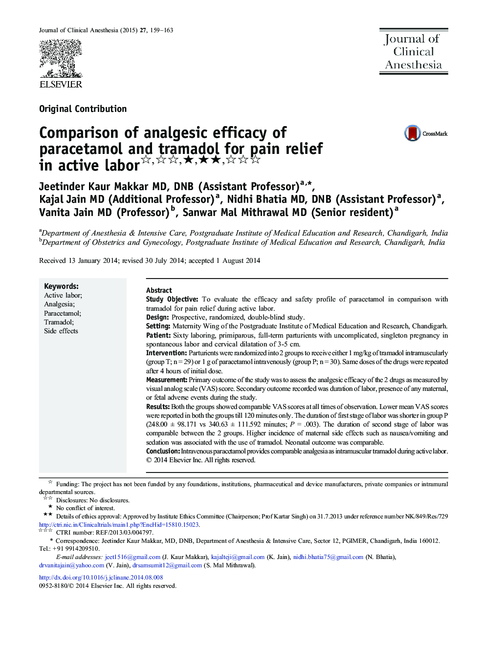 Comparison of analgesic efficacy of paracetamol and tramadol for pain relief in active labor ★★★