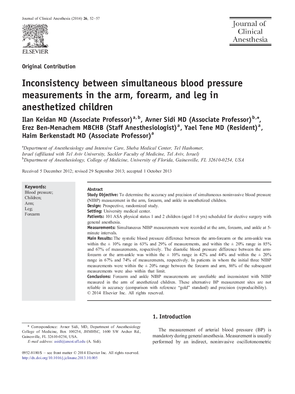 Inconsistency between simultaneous blood pressure measurements in the arm, forearm, and leg in anesthetized children