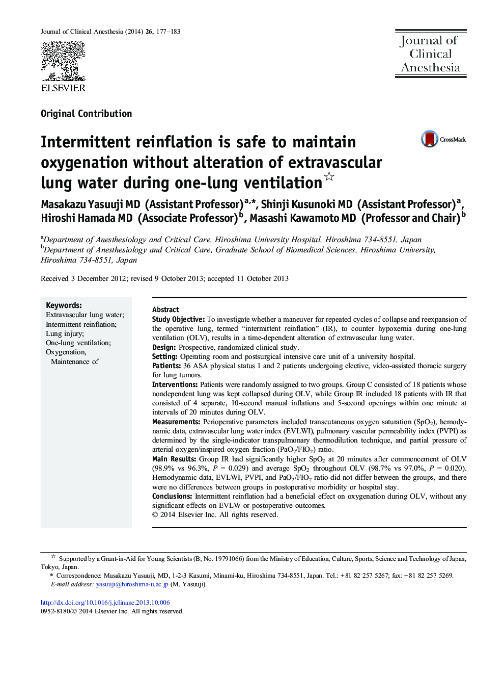 Intermittent reinflation is safe to maintain oxygenation without alteration of extravascular lung water during one-lung ventilation 