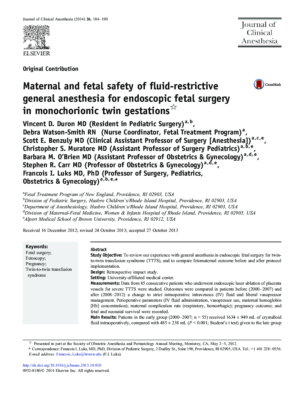 Maternal and fetal safety of fluid-restrictive general anesthesia for endoscopic fetal surgery in monochorionic twin gestations 
