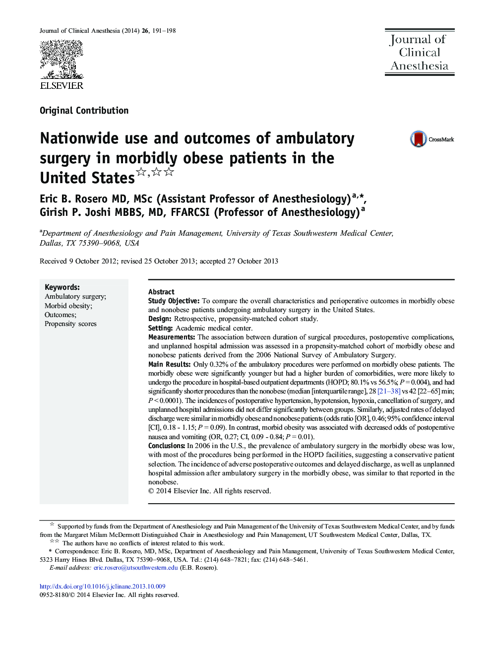Nationwide use and outcomes of ambulatory surgery in morbidly obese patients in the United States 