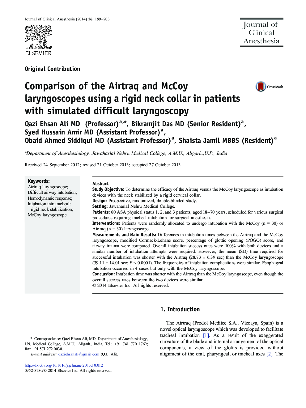 Comparison of the Airtraq and McCoy laryngoscopes using a rigid neck collar in patients with simulated difficult laryngoscopy