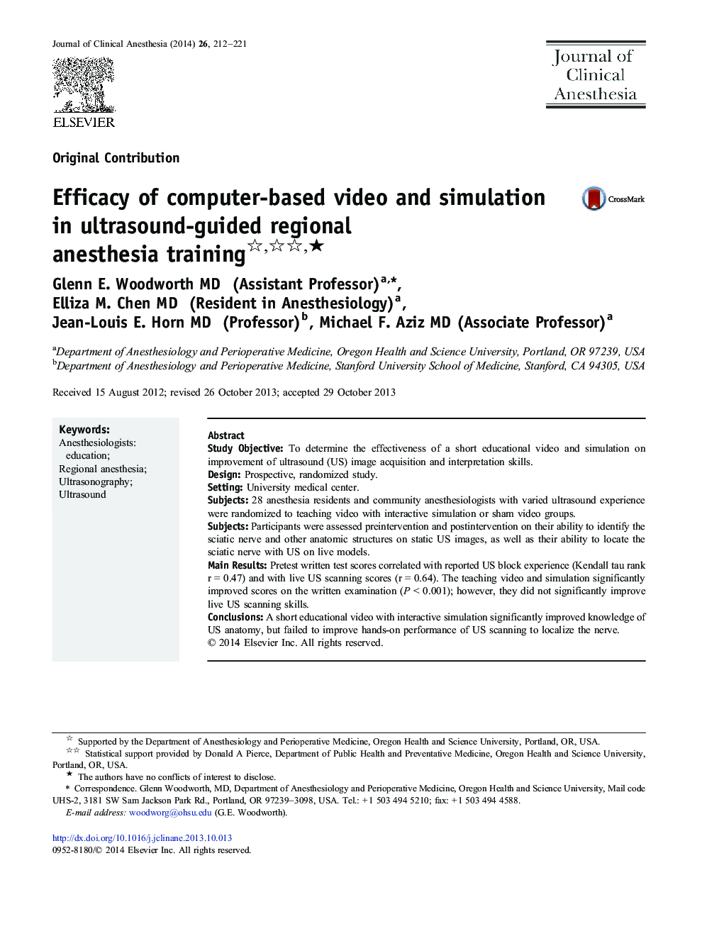 Efficacy of computer-based video and simulation in ultrasound-guided regional anesthesia training ★