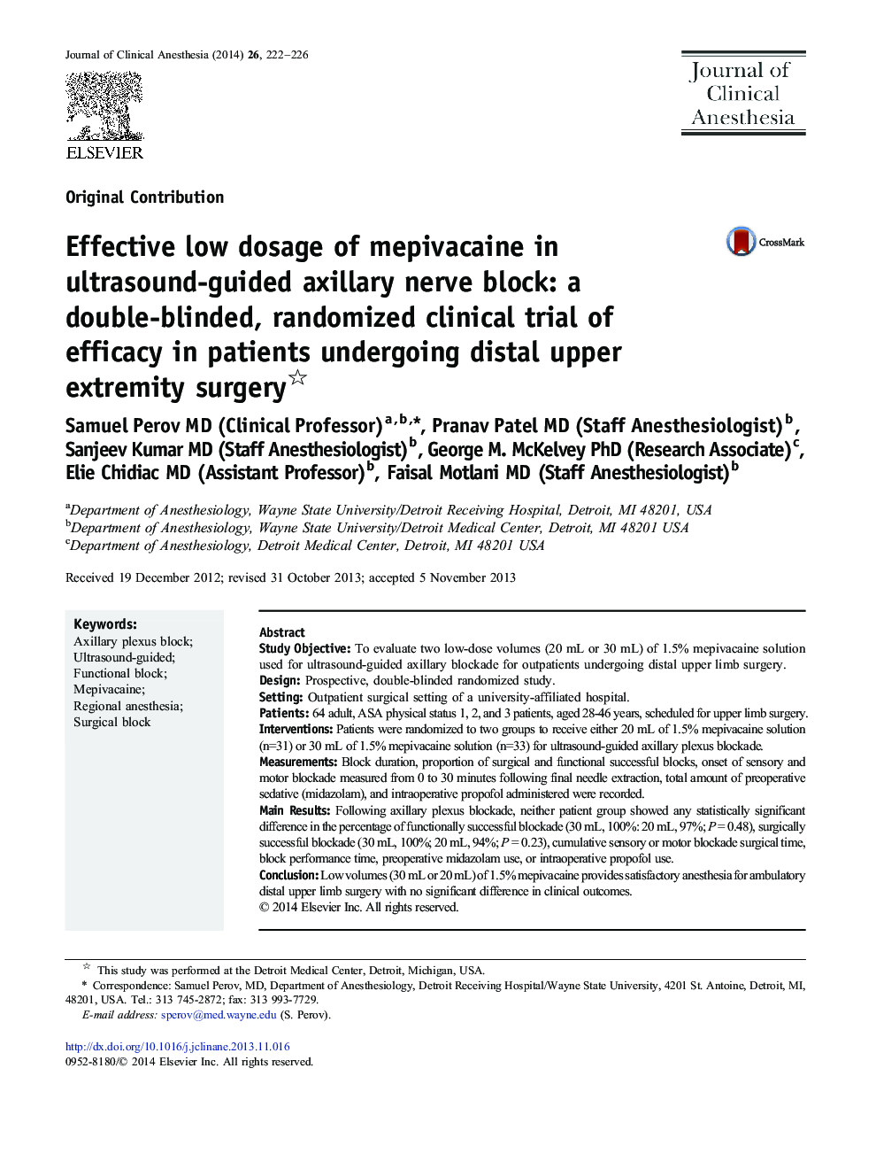 Effective low dosage of mepivacaine in ultrasound-guided axillary nerve block: a double-blinded, randomized clinical trial of efficacy in patients undergoing distal upper extremity surgery 