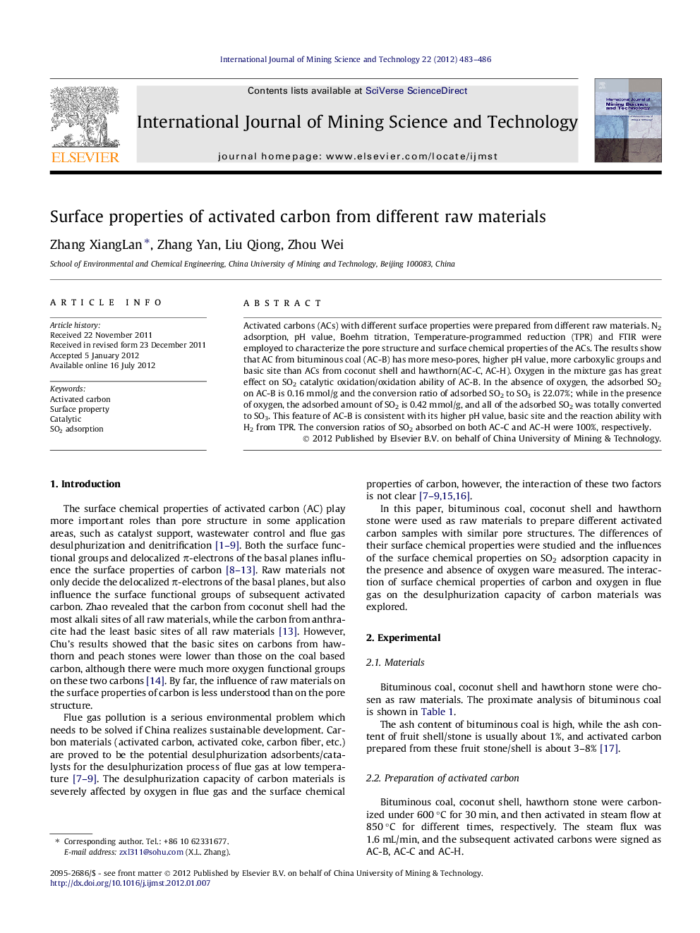 عکس صفحه اول مقاله: Surface properties of activated carbon from different raw materials Surface properties of activated carbon from different raw materials