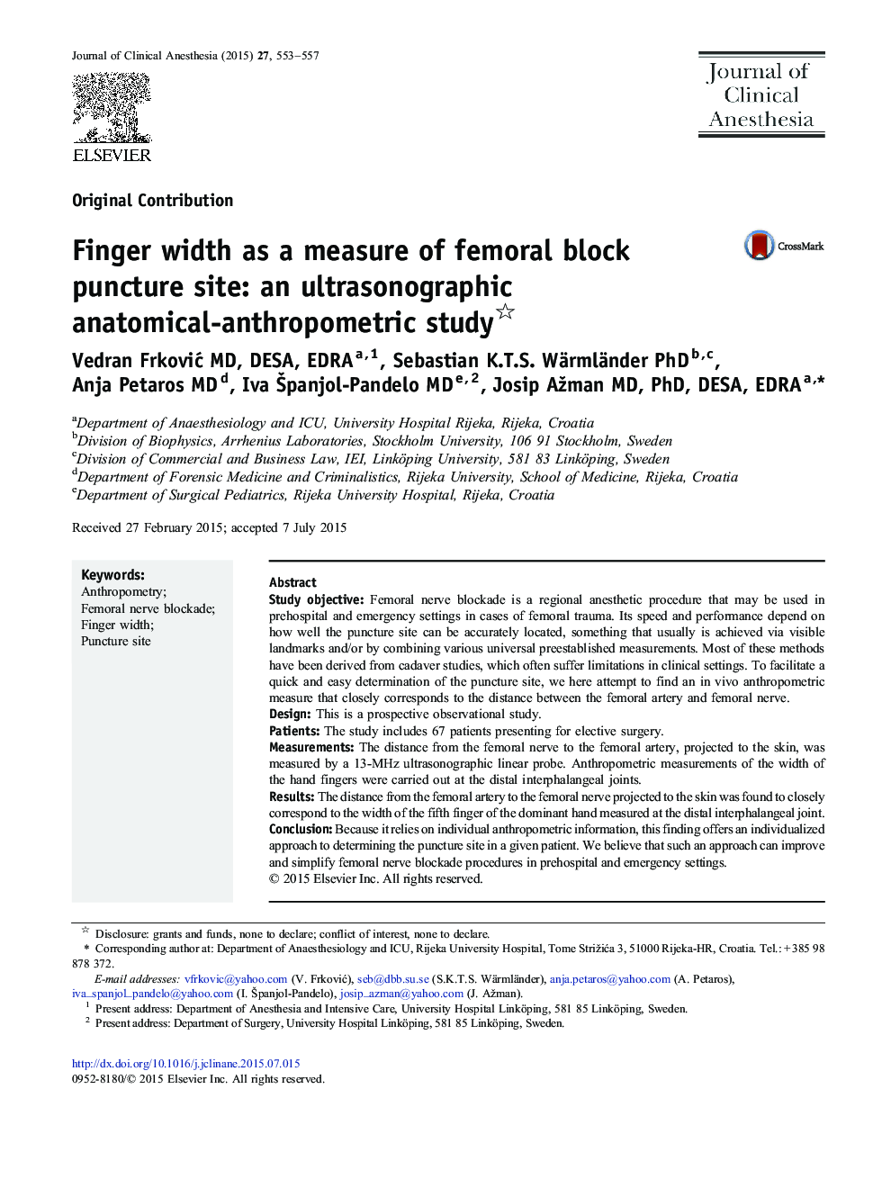 Finger width as a measure of femoral block puncture site: an ultrasonographic anatomical-anthropometric study 