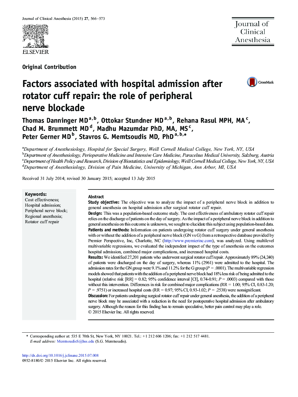 Factors associated with hospital admission after rotator cuff repair: the role of peripheral nerve blockade