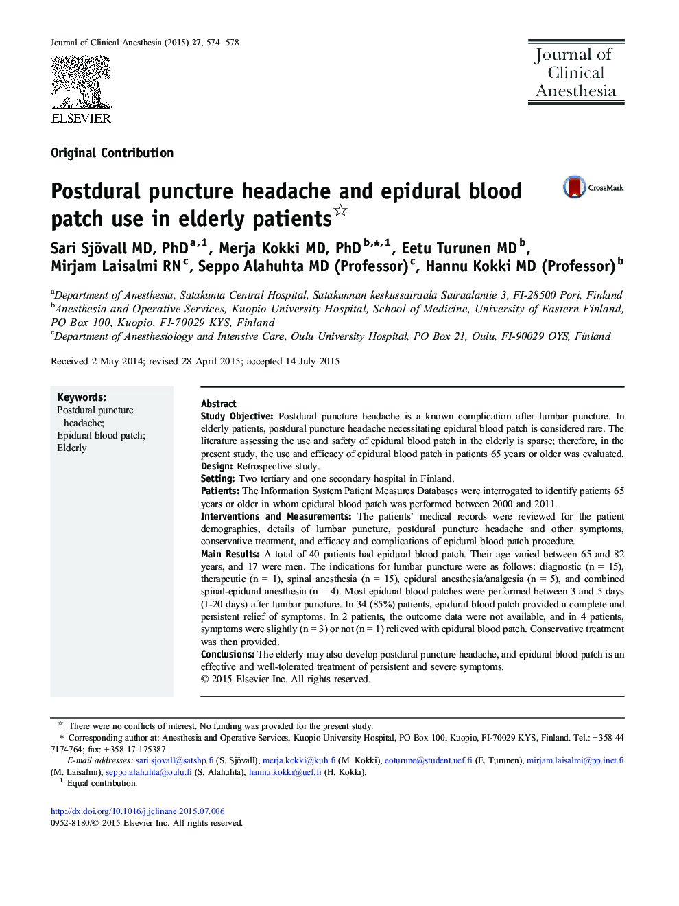 Postdural puncture headache and epidural blood patch use in elderly patients 