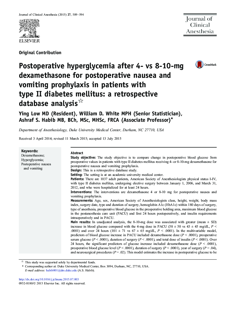 Postoperative hyperglycemia after 4- vs 8-10-mg dexamethasone for postoperative nausea and vomiting prophylaxis in patients with type II diabetes mellitus: a retrospective database analysis 