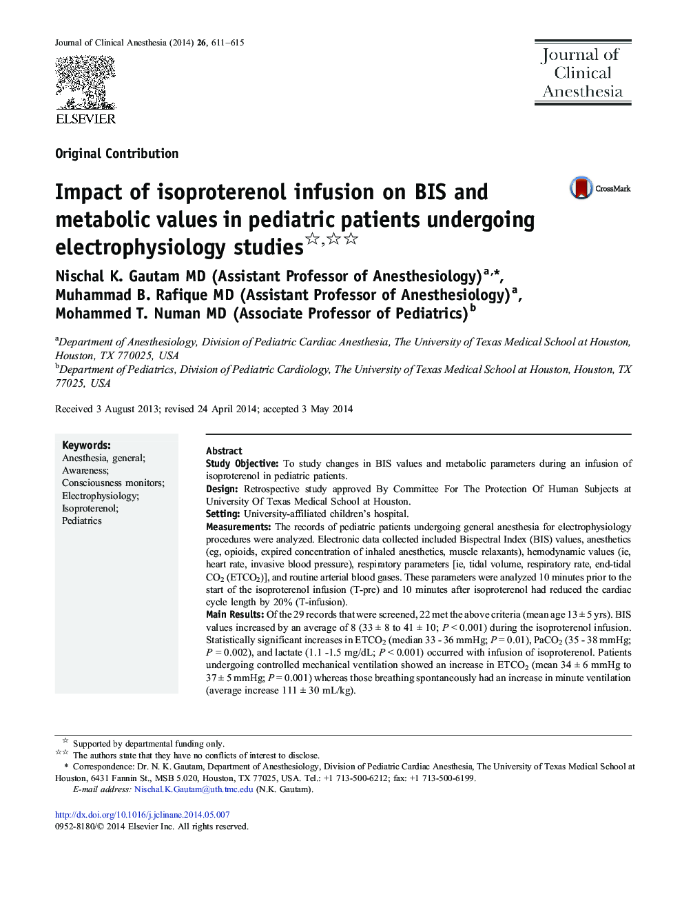 Impact of isoproterenol infusion on BIS and metabolic values in pediatric patients undergoing electrophysiology studies 