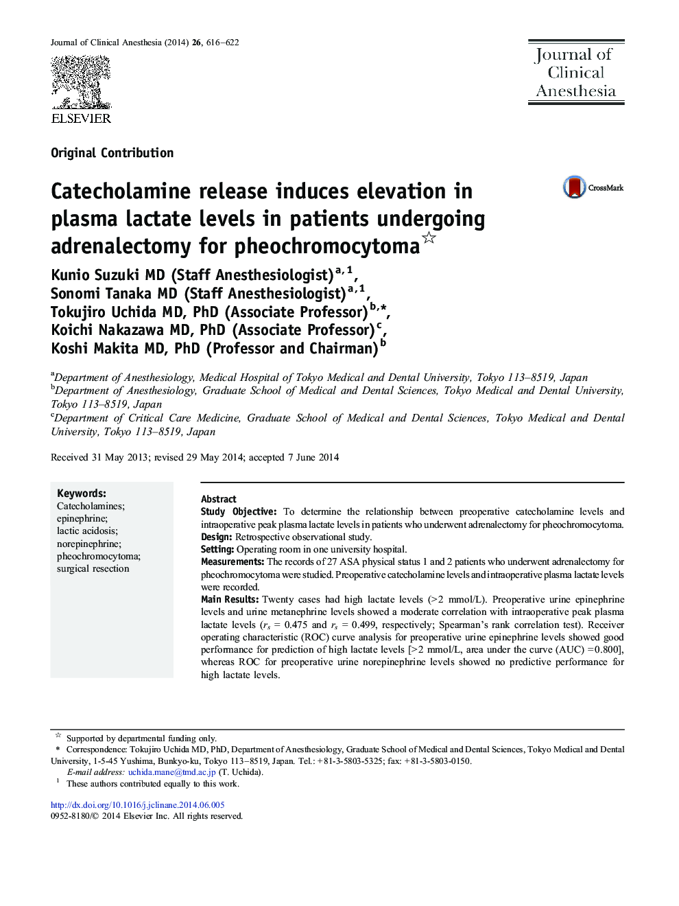Catecholamine release induces elevation in plasma lactate levels in patients undergoing adrenalectomy for pheochromocytoma 