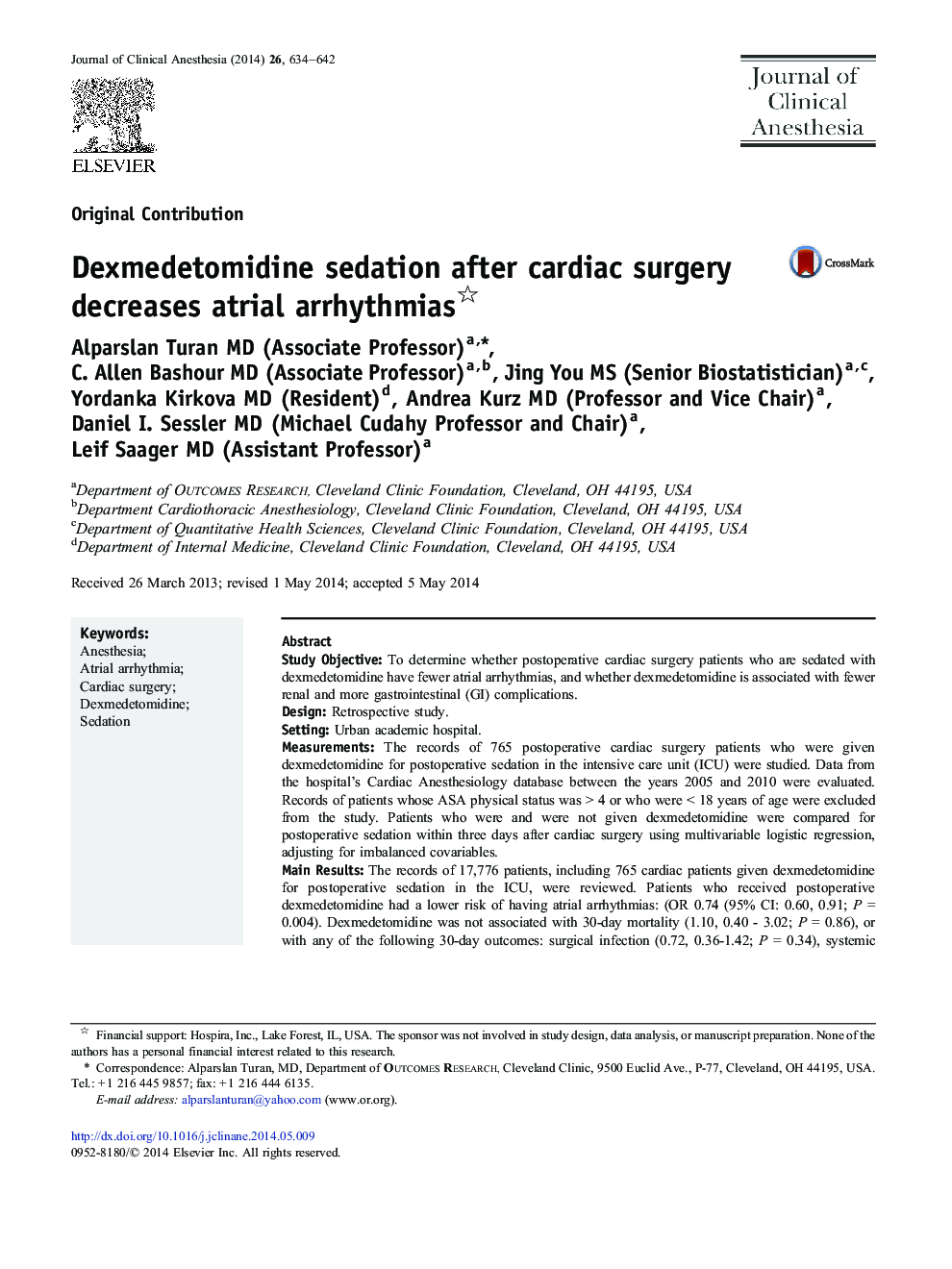Dexmedetomidine sedation after cardiac surgery decreases atrial arrhythmias 