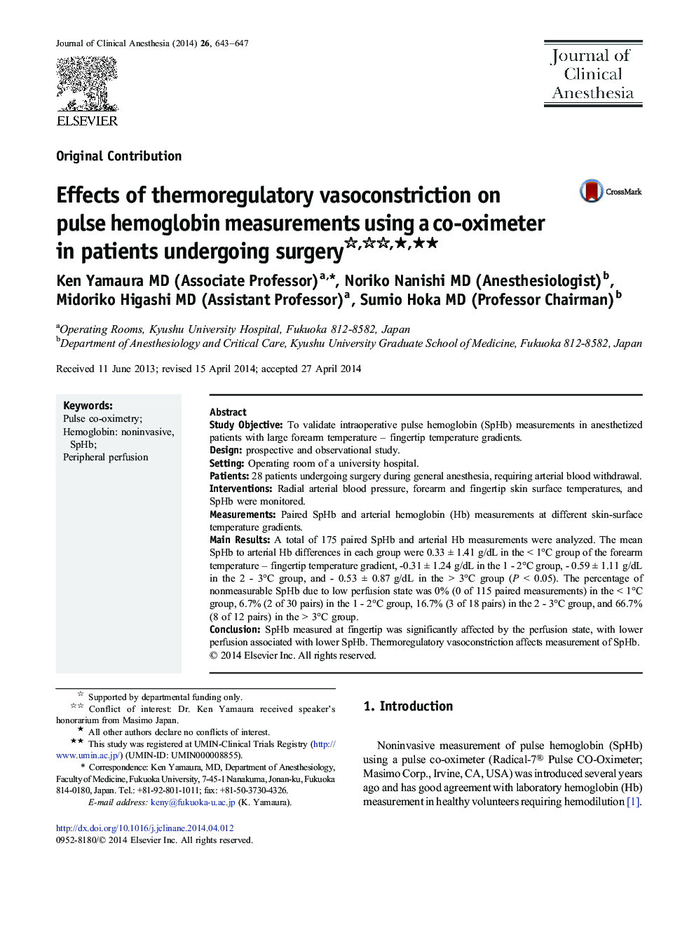 Effects of thermoregulatory vasoconstriction on pulse hemoglobin measurements using a co-oximeter in patients undergoing surgery ★★★