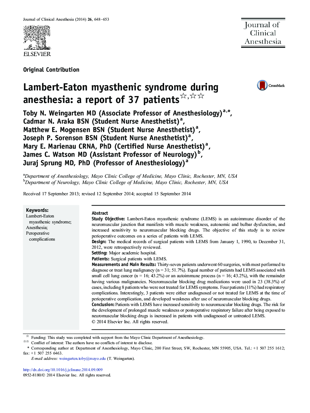 Lambert-Eaton myasthenic syndrome during anesthesia: a report of 37 patients 