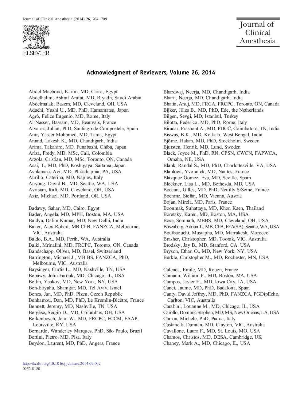 Acknowledgment of Reviewers, Volume 26, 2014