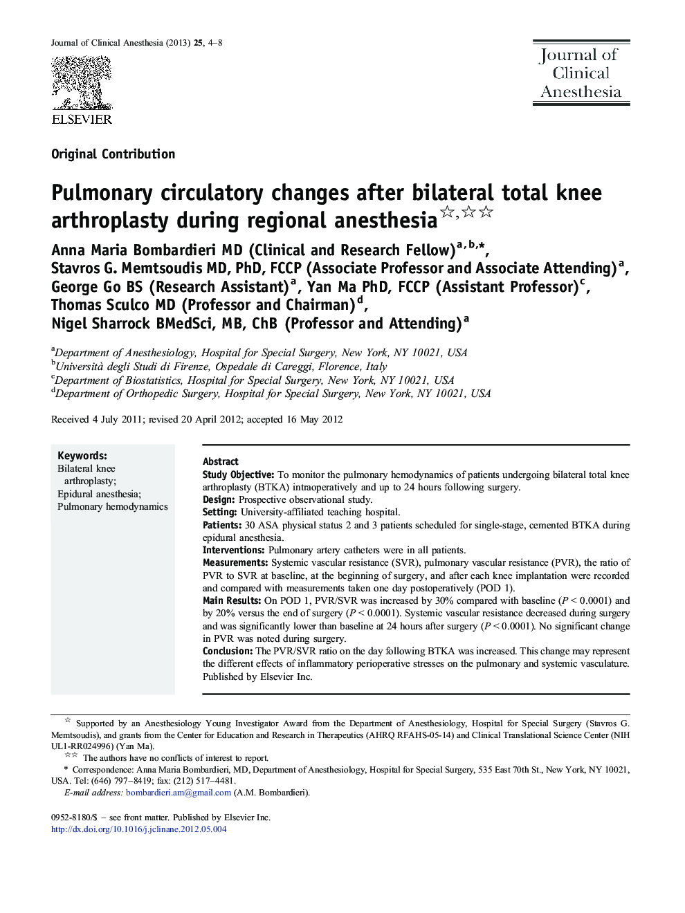 Pulmonary circulatory changes after bilateral total knee arthroplasty during regional anesthesia 
