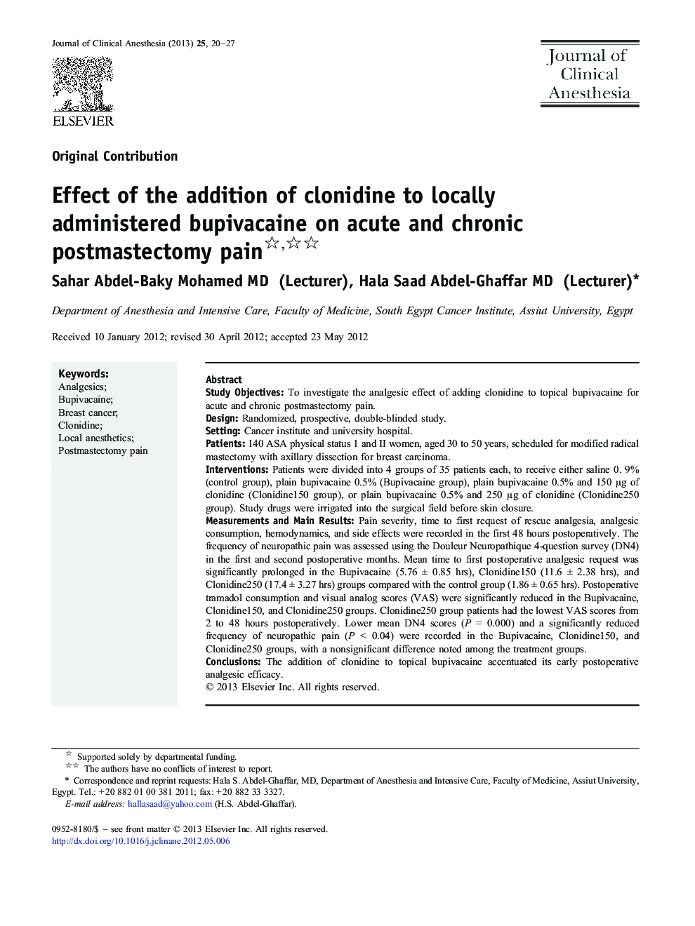 Effect of the addition of clonidine to locally administered bupivacaine on acute and chronic postmastectomy pain 