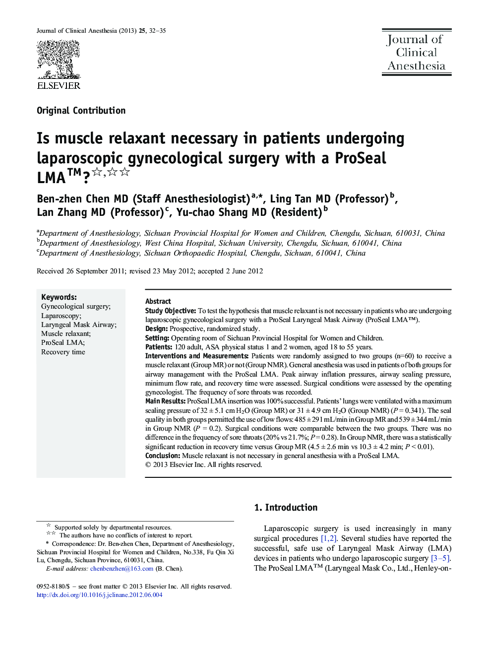 Is muscle relaxant necessary in patients undergoing laparoscopic gynecological surgery with a ProSeal LMATM? 