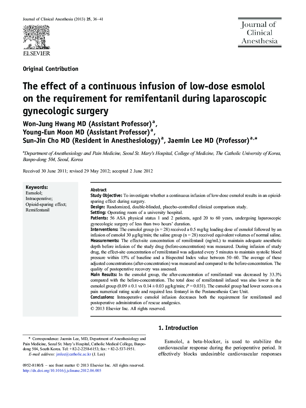 The effect of a continuous infusion of low-dose esmolol on the requirement for remifentanil during laparoscopic gynecologic surgery