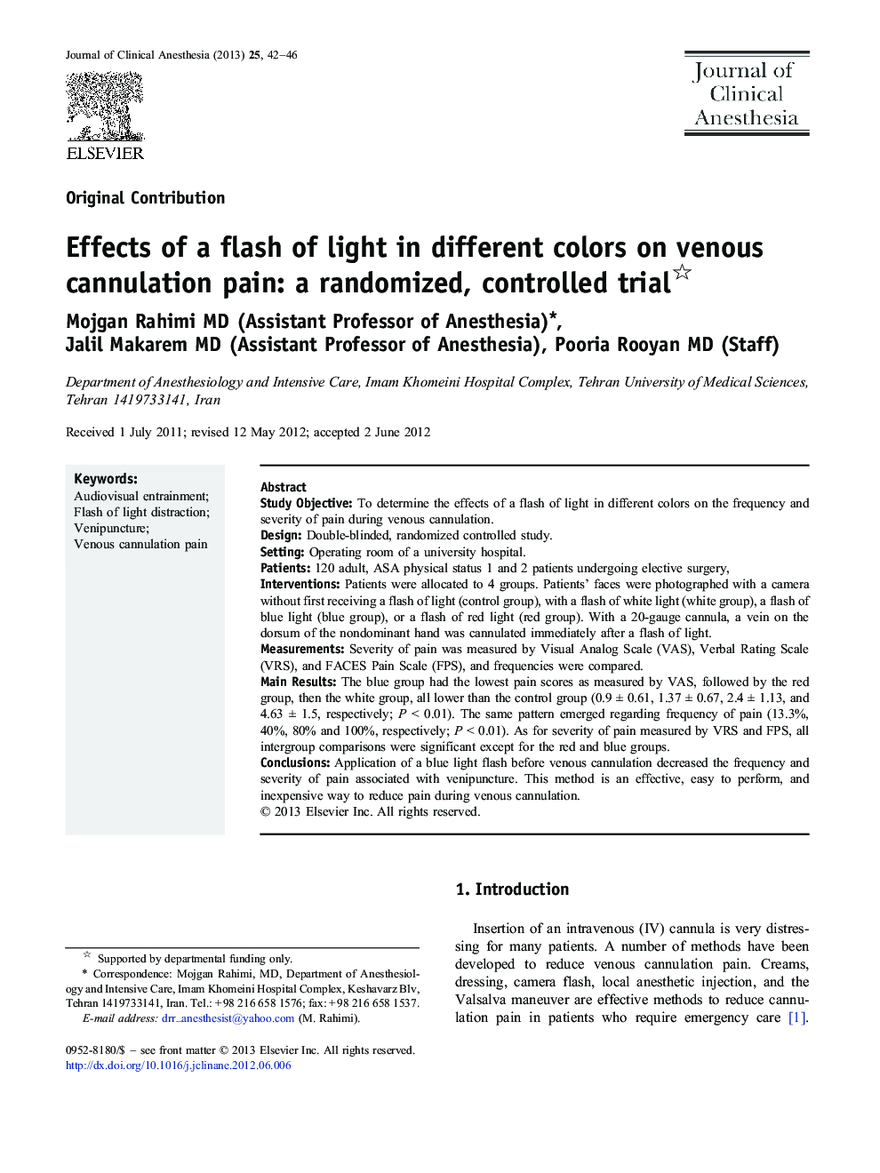 Effects of a flash of light in different colors on venous cannulation pain: a randomized, controlled trial 