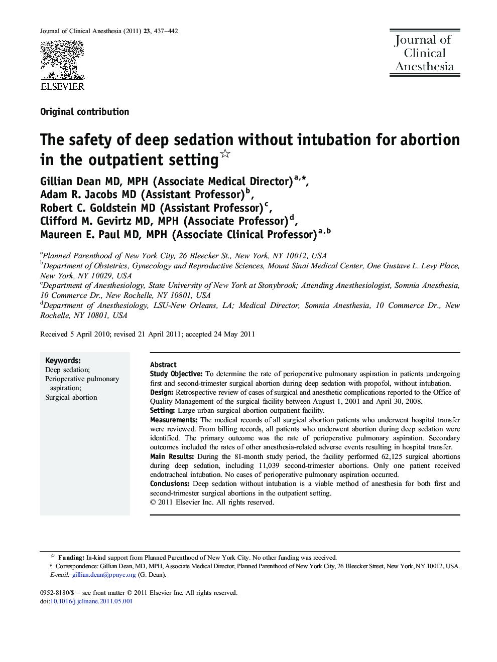 The safety of deep sedation without intubation for abortion in the outpatient setting 