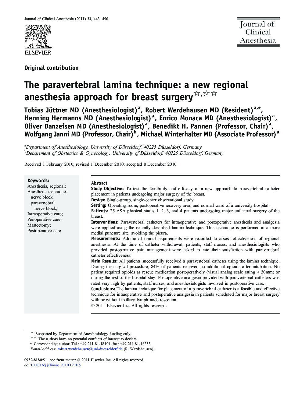 The paravertebral lamina technique: a new regional anesthesia approach for breast surgery 