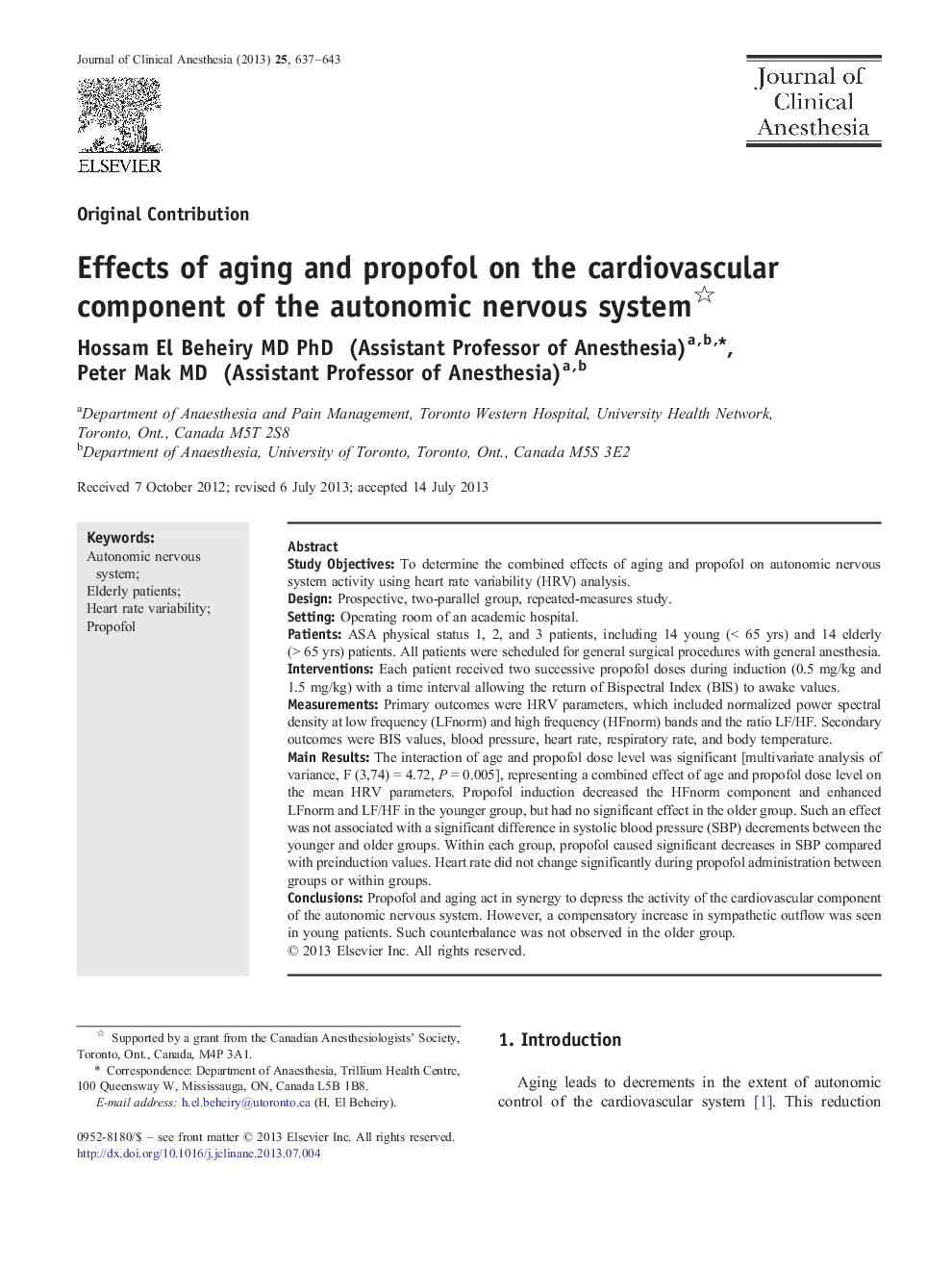 Effects of aging and propofol on the cardiovascular component of the autonomic nervous system 