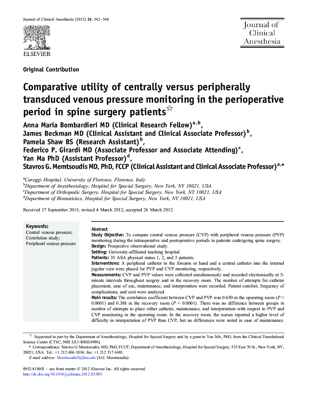 Comparative utility of centrally versus peripherally transduced venous pressure monitoring in the perioperative period in spine surgery patients 