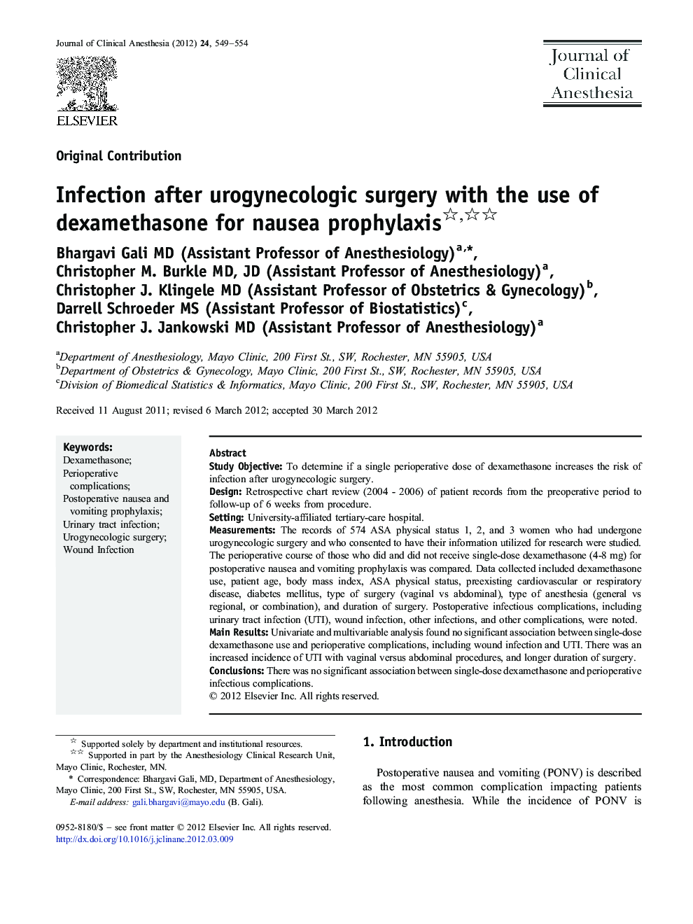 Infection after urogynecologic surgery with the use of dexamethasone for nausea prophylaxis 