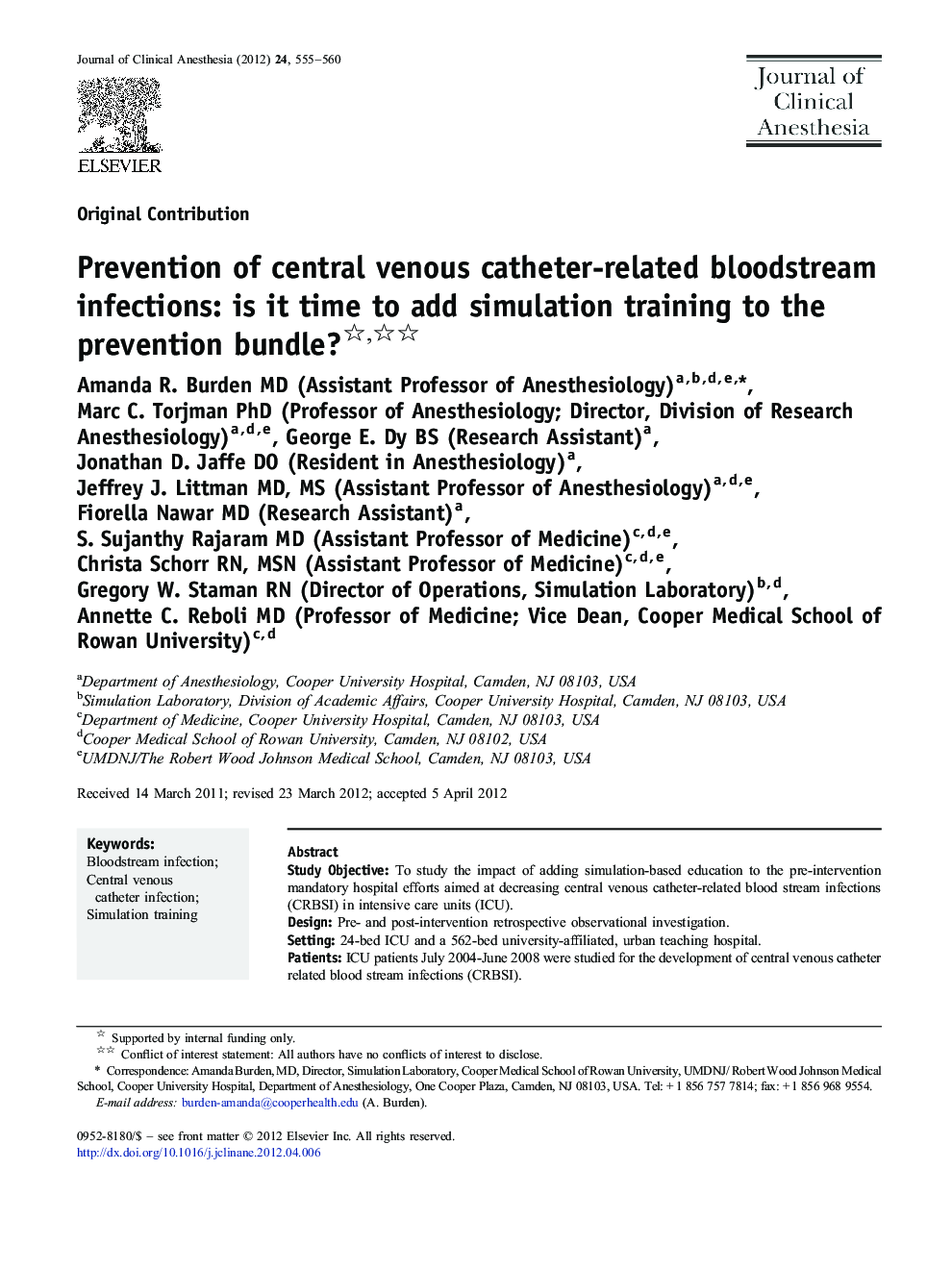 Prevention of central venous catheter-related bloodstream infections: is it time to add simulation training to the prevention bundle? 