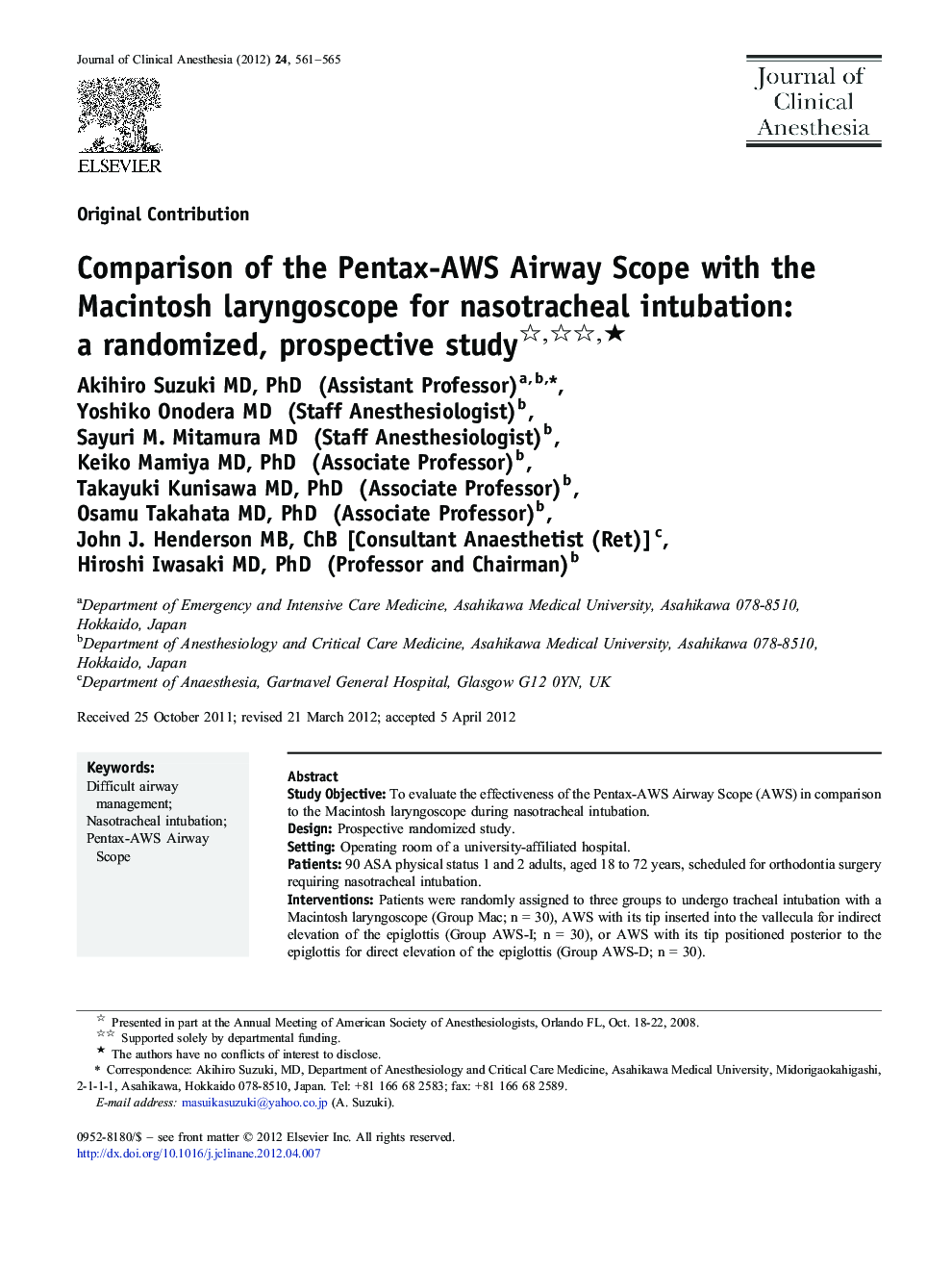 Comparison of the Pentax-AWS Airway Scope with the Macintosh laryngoscope for nasotracheal intubation: a randomized, prospective study ★