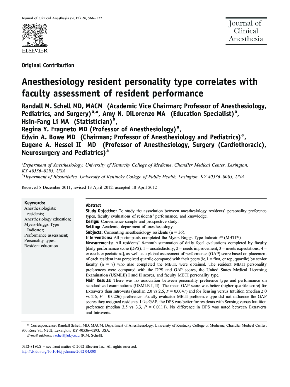 Anesthesiology resident personality type correlates with faculty assessment of resident performance