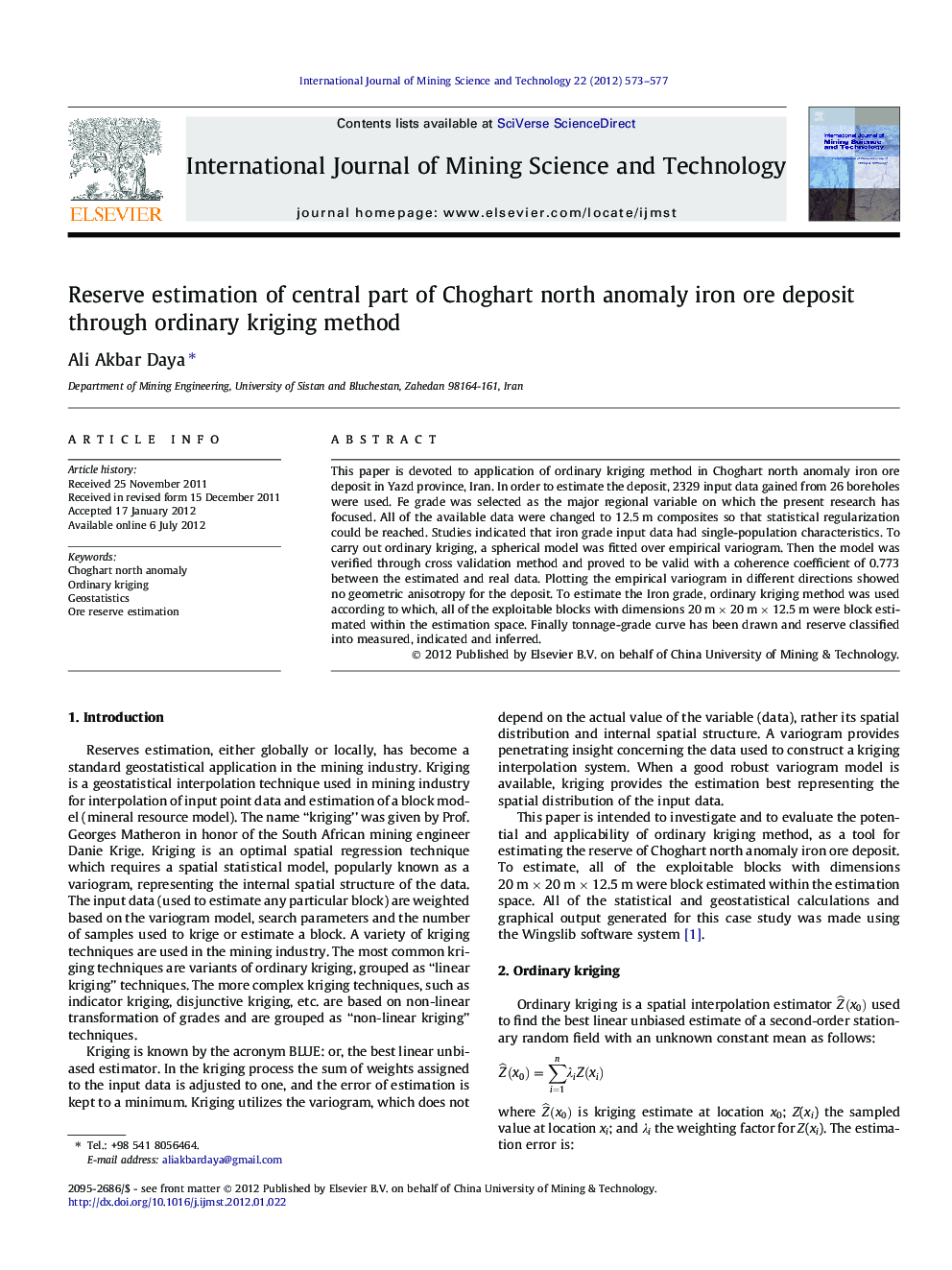 Reserve estimation of central part of Choghart north anomaly iron ore deposit through ordinary kriging method