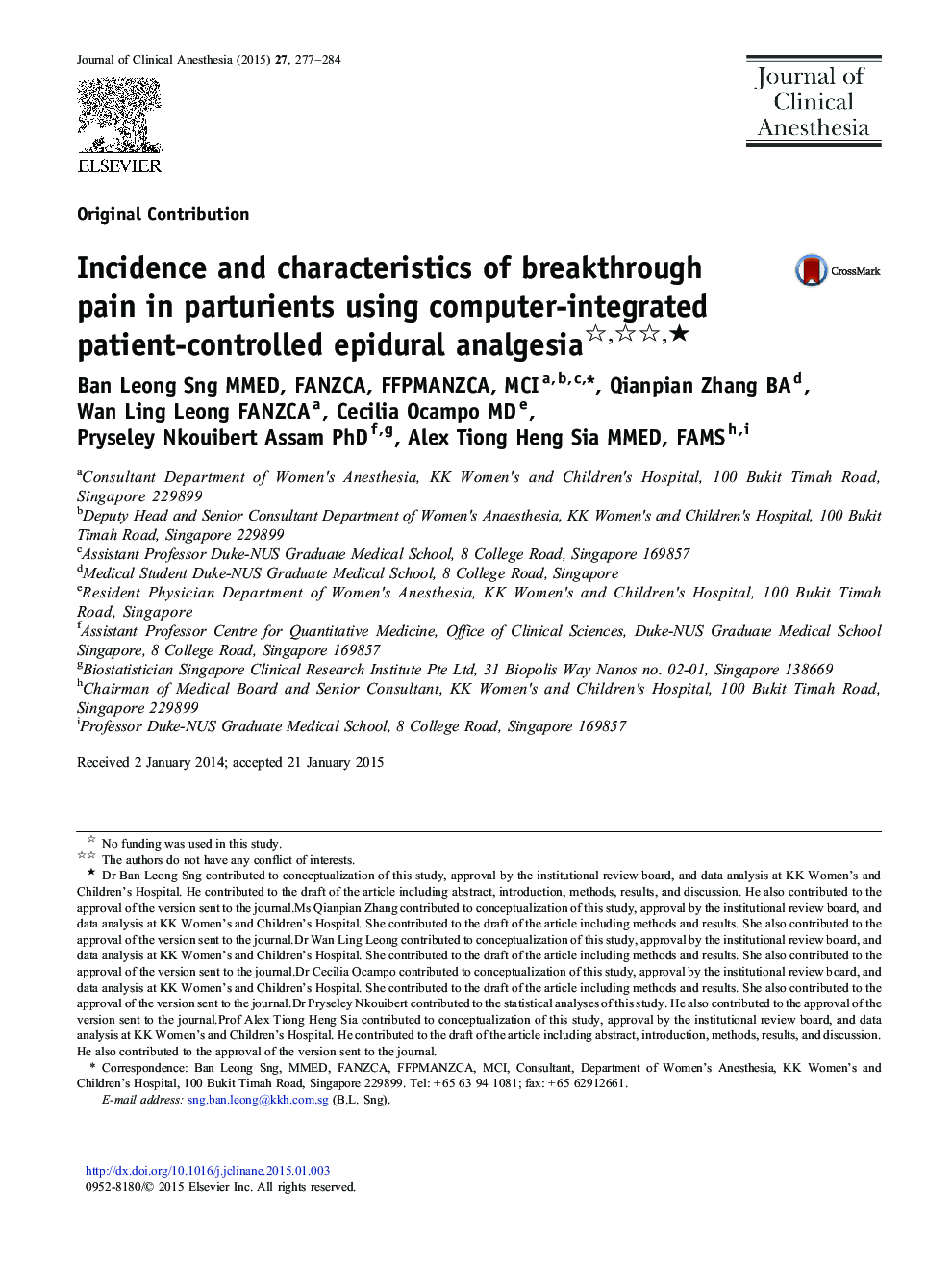 Incidence and characteristics of breakthrough pain in parturients using computer-integrated patient-controlled epidural analgesia ★