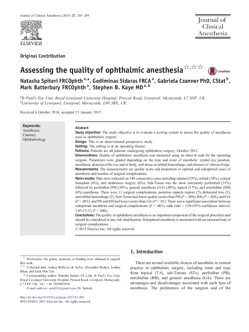 Assessing the quality of ophthalmic anesthesia 