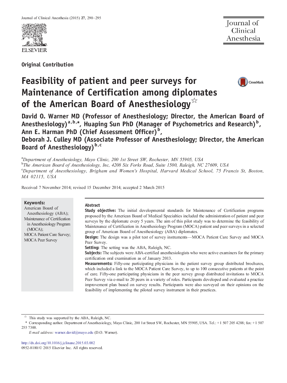 Feasibility of patient and peer surveys for Maintenance of Certification among diplomates of the American Board of Anesthesiology 