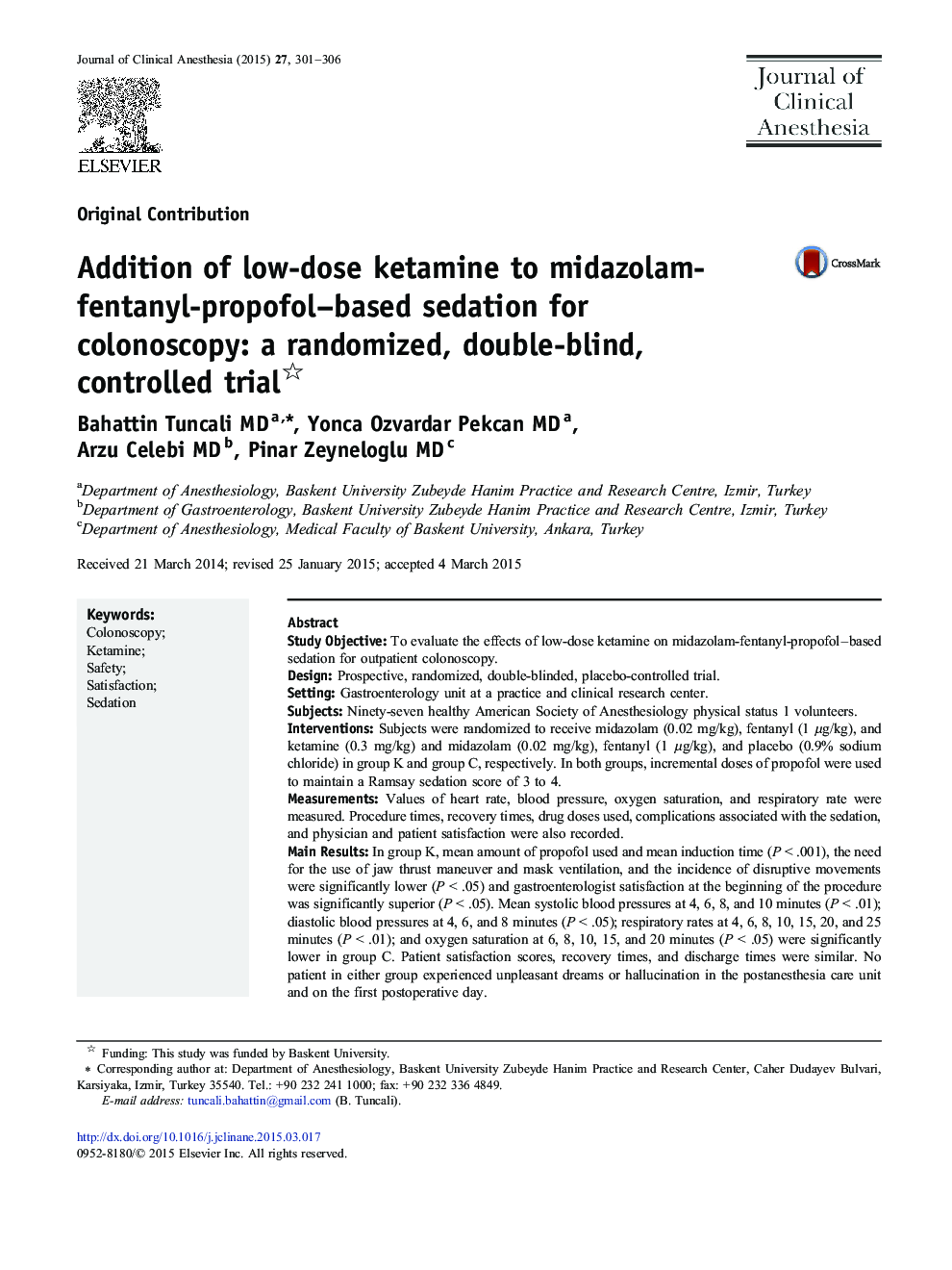 Addition of low-dose ketamine to midazolam-fentanyl-propofol–based sedation for colonoscopy: a randomized, double-blind, controlled trial 