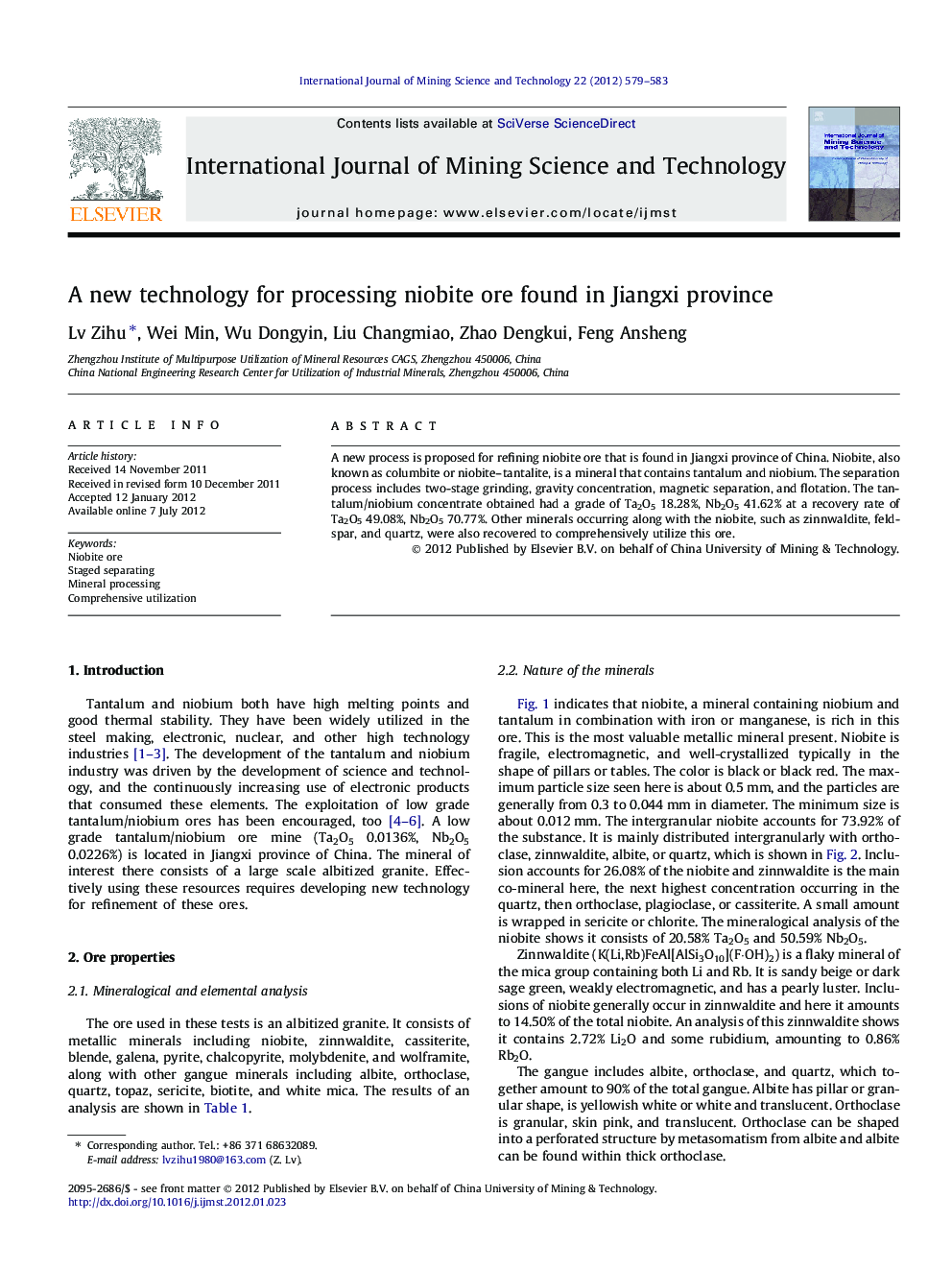 A new technology for processing niobite ore found in Jiangxi province