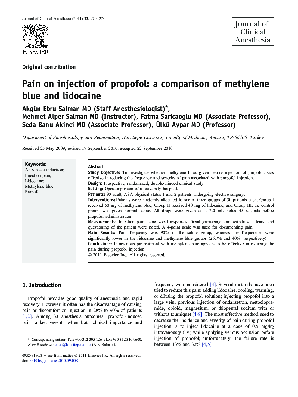 Pain on injection of propofol: a comparison of methylene blue and lidocaine